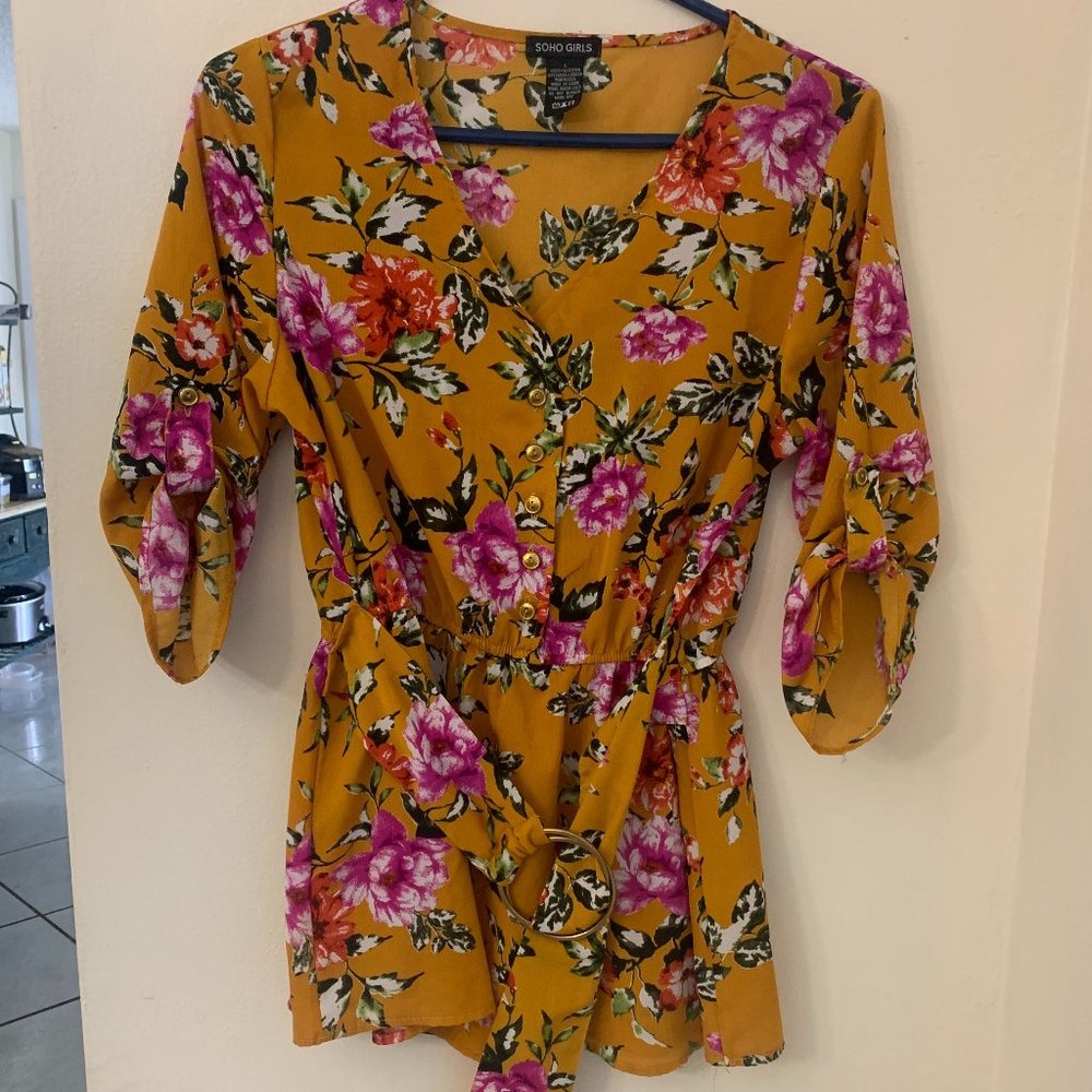 Soho Girls Peplum Top with Button Sleeve and Accent Belt